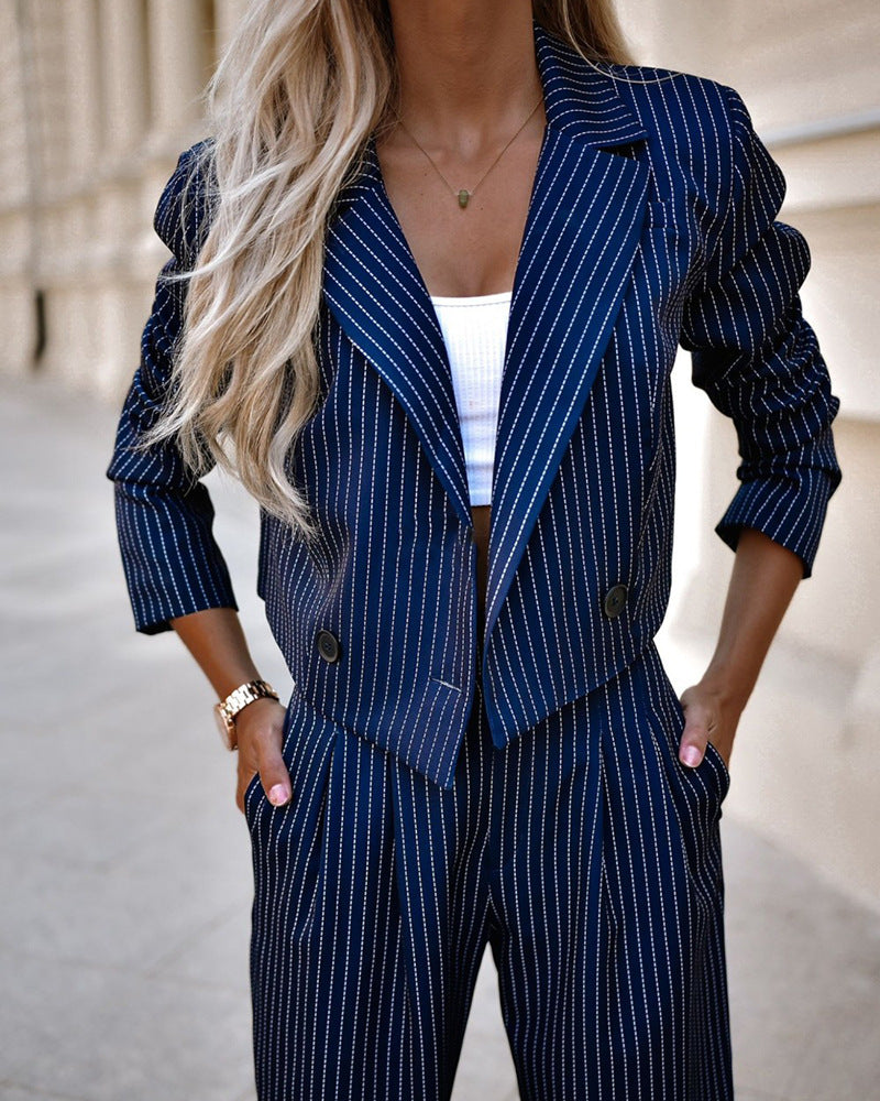 Valenzora | Blazer and trousers set - striped cropped blazer and wide-leg high-waisted trousers