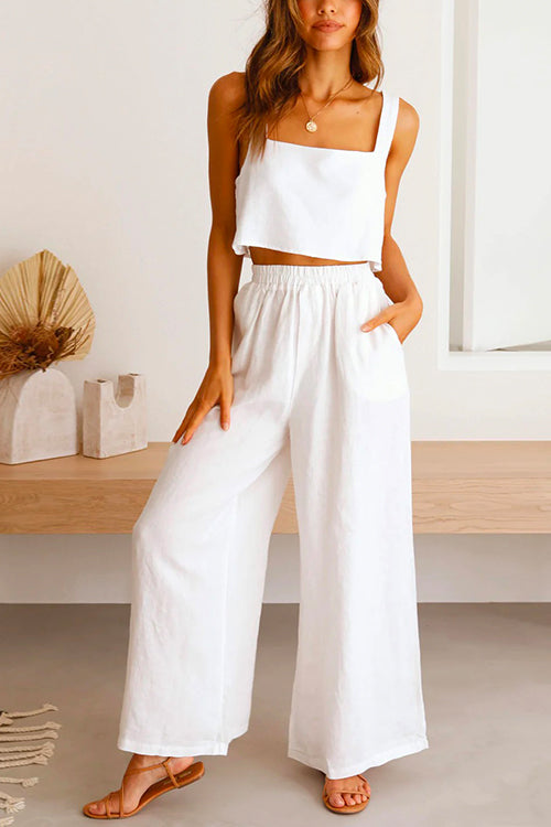 Valenzora | Rosiedress Square Collar Cami Crop Top Wide Leg Trousers Cotton Linen Set