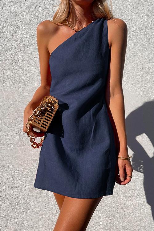 Valenzora | Rosiedress One Shoulder Solid Cotton Linen Mini Dress