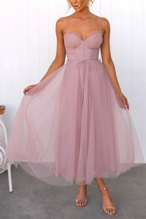 Valenzora | Rosiedress Back Cutout Tie Belt Mesh Swing Maxi Spaghetti Strap Dress