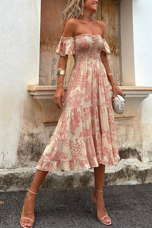 Valenzora | Off shoulder smocked midi dress