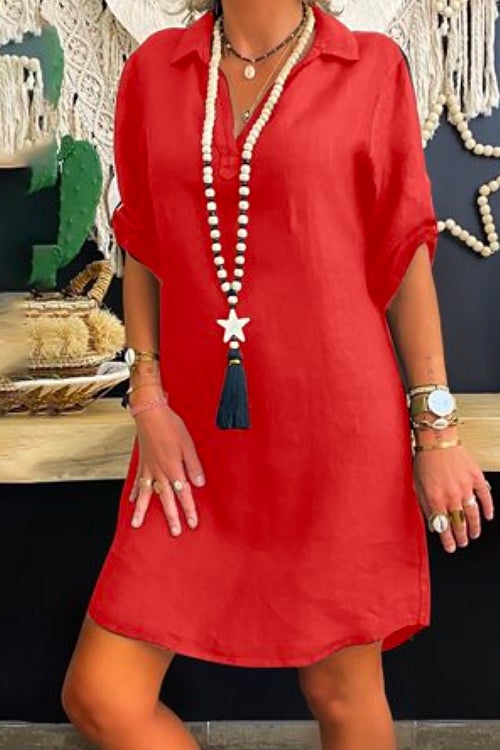 Valenzora | Rosiedress Lapel V-Neck Roll-Up Sleeve Shirt Dress