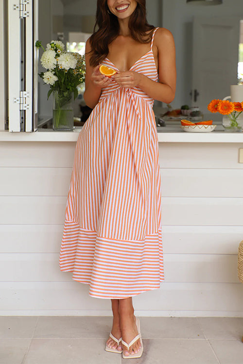 Valenzora | Rosiedress V-Neck Lace-Up Striped Midi Cami Dress