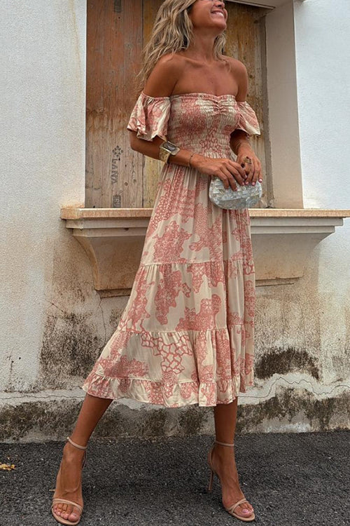 Valenzora | Off shoulder smocked midi dress
