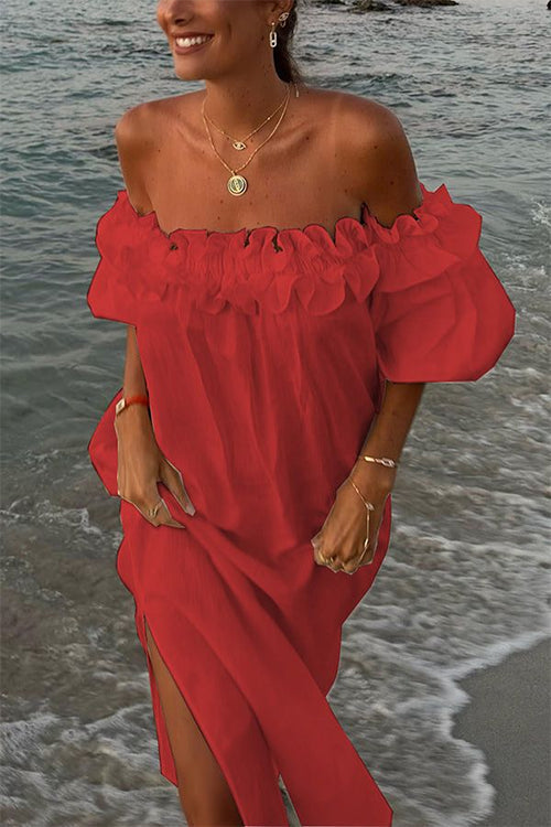 Valenzora | Rosiedress Off Shoulder Ruffle Trim Slit Cotton Linen Maxi Holiday Dress