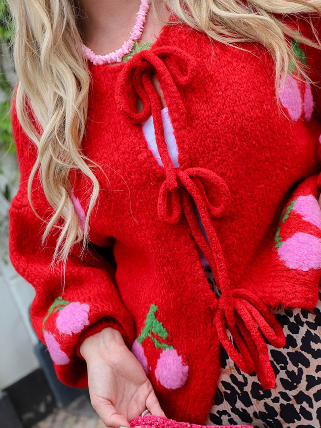 Valenzora | Bound Cherry Round Neck Long Sleeve Cardigan
