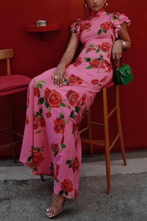 Valenzora | Ruffled Sleeves Rose Pattern Maxi Cheongsam Dress