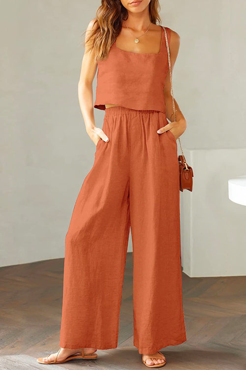Valenzora | Rosiedress Baumwoll-Leinen-Set mit quadratischem Ausschnitt, Trägertop und weiter Hose
