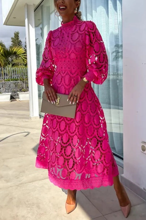 Valenzora | Rosiedress Mockneck Puff Sleeve Lace Hollow Out Mid Dress