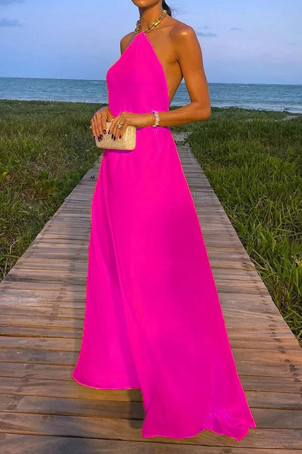 Valenzora | Sunny In Santorini Chain Halter Backless A-Line Holiday Maxi Dress