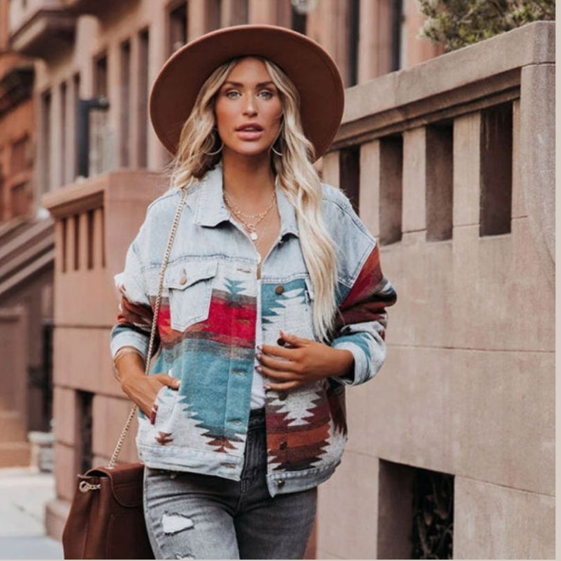 Valenzora | Denim jacket with Aztec pattern