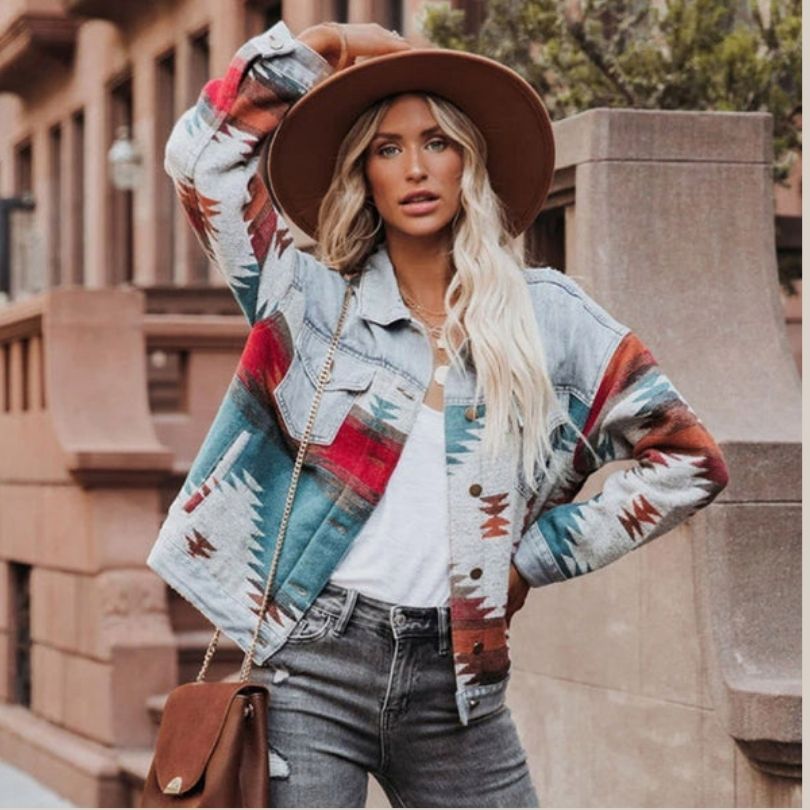 Valenzora | Denim jacket with Aztec pattern