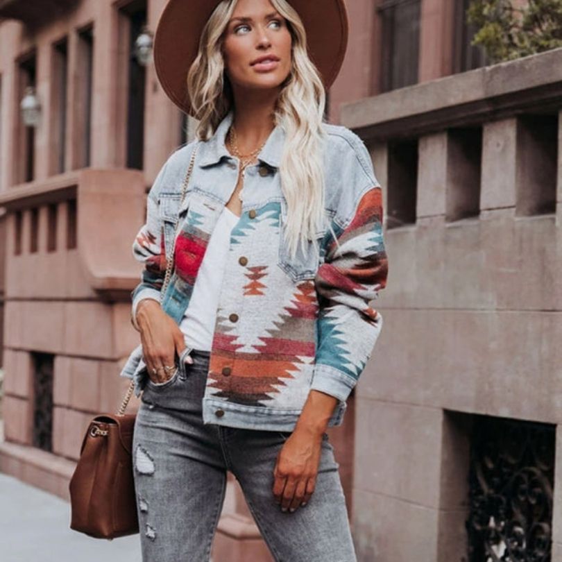 Valenzora | Denim jacket with Aztec pattern