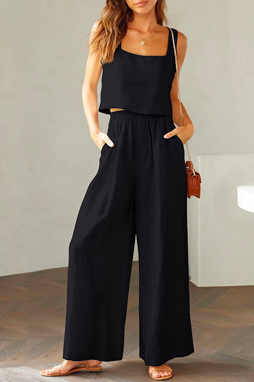 Valenzora | Rosiedress Square Collar Cami Crop Top Wide Leg Trousers Cotton Linen Set