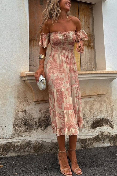 Valenzora | Off shoulder smocked midi dress