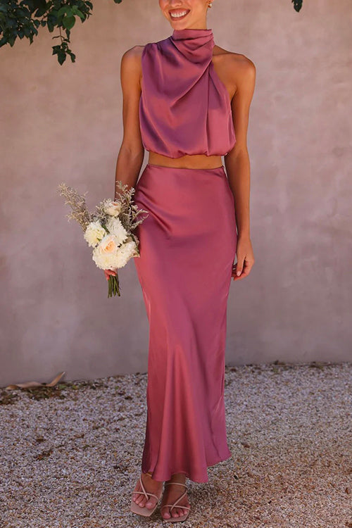 Valenzora | Rosiedress Rollkragen Ärmelloses Cropped Top High Waisted Maxirock Satin-Set