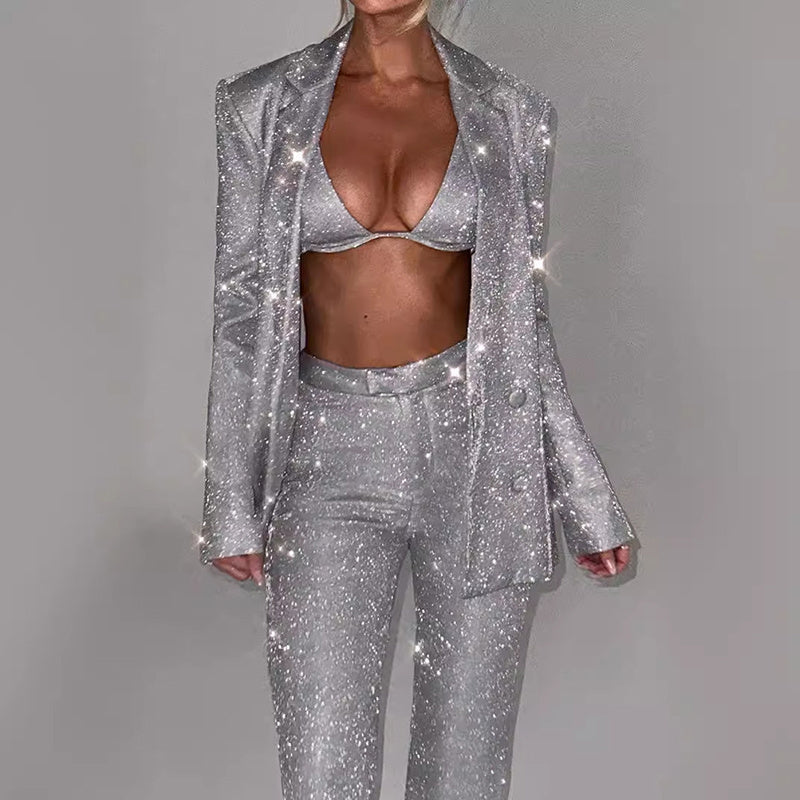 Valenzora | Glänzendes Damenanzugset mit Blazer und gerader Hose für Partys