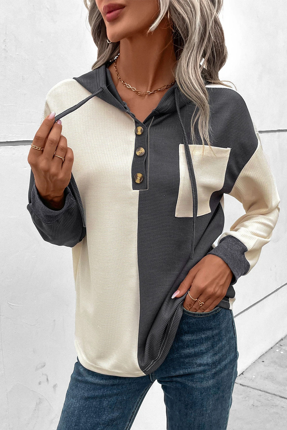 Valenzora | Waffel-Hoodie mit Knopfleiste für Damen