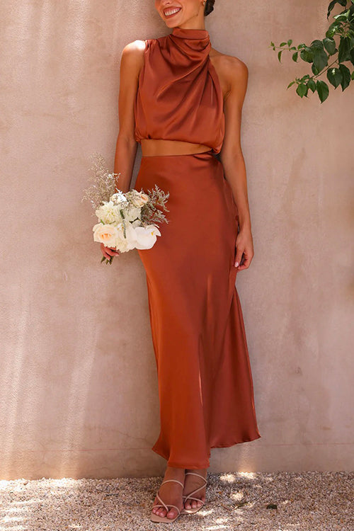 Valenzora | Rosiedress Rollkragen Ärmelloses Cropped Top High Waisted Maxirock Satin-Set