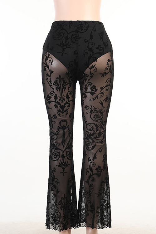 Valenzora | Rosiedress Elastic waistband Bell bottom Mesh lace trousers