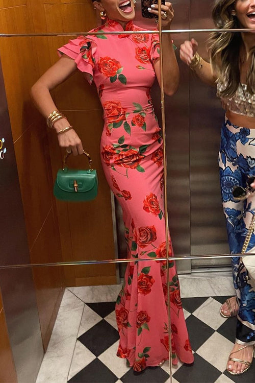 Valenzora | Ruffled Sleeves Rose Pattern Maxi Cheongsam Dress