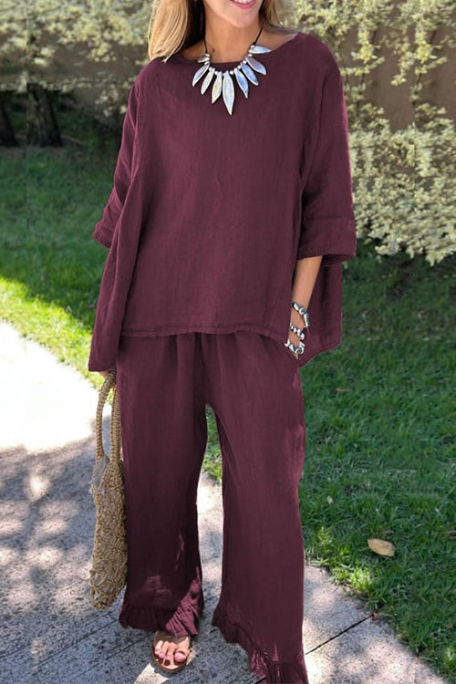 Valenzora | Rosiedress Cotton Linen 3/4 Sleeve Sweater Top Wide Leg Trousers Ruffled Hem Set