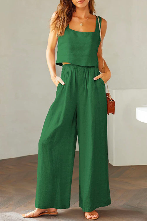 Valenzora | Rosiedress Baumwoll-Leinen-Set mit quadratischem Ausschnitt, Trägertop und weiter Hose