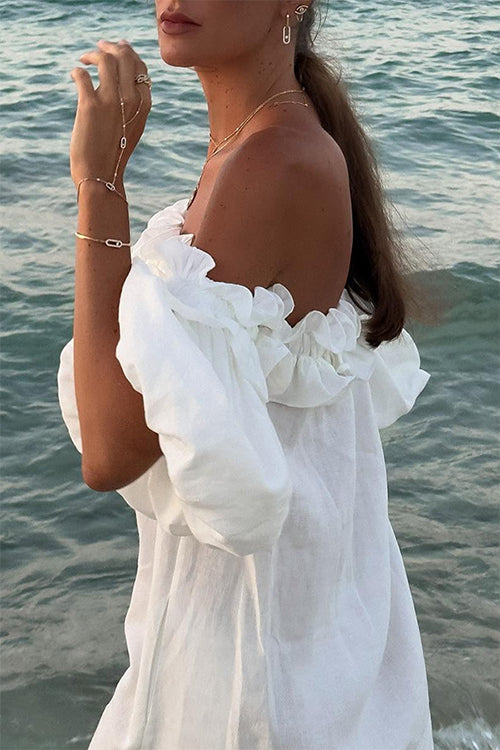 Valenzora | Rosiedress Off Shoulder Ruffle Trim Slit Cotton Linen Maxi Holiday Dress