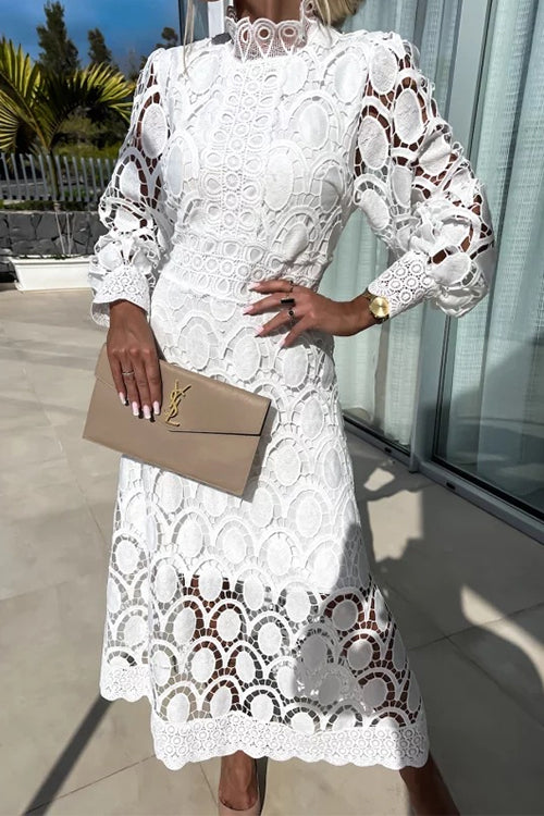 Valenzora | Rosiedress Mockneck Puff Sleeve Lace Hollow Out Mid Dress