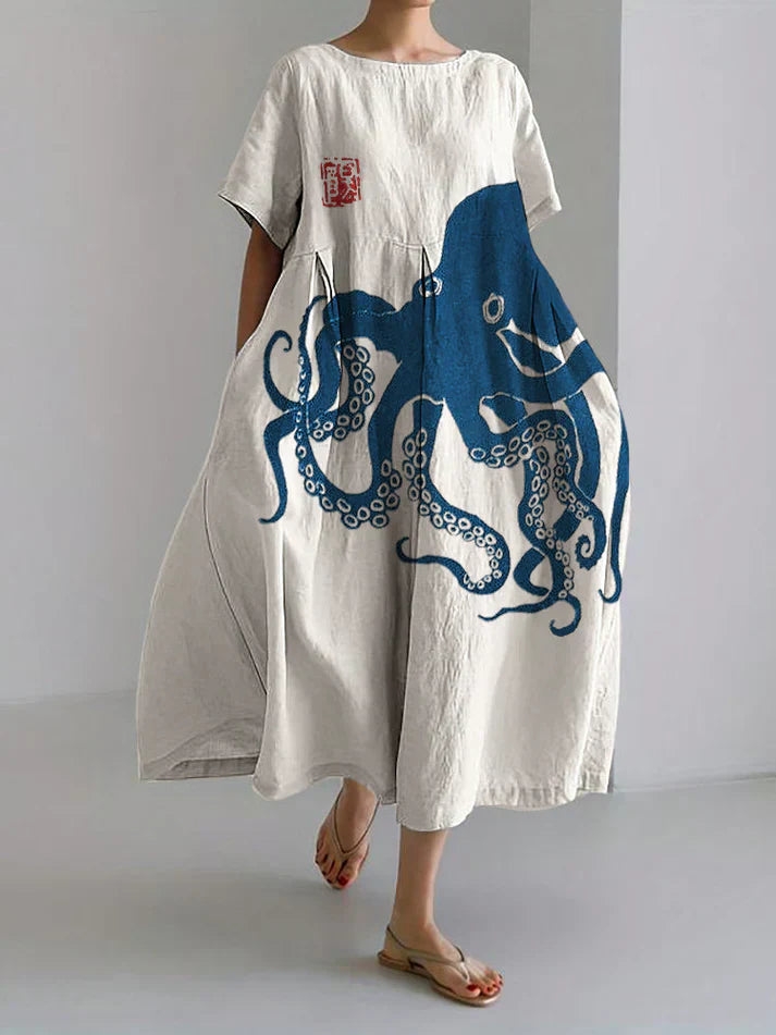 Valenzora | Langes Kleid aus Halbleinen mit japanischem Muster in Octopus-Leinen