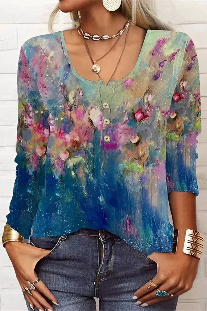 Valenzora | Langarmshirt mit Blumenmuster, Rundhalsausschnitt und langen Ärmeln