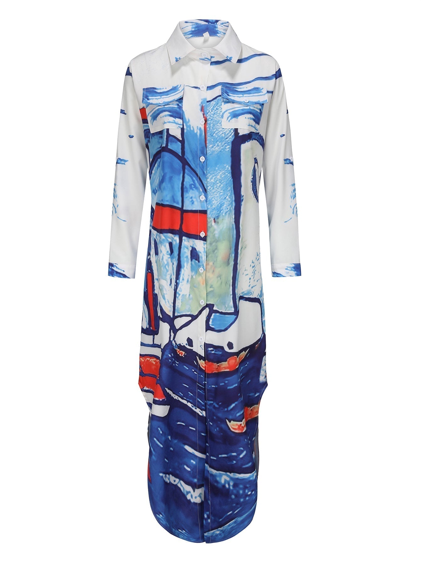 Valenzora | Langärmliges Kleid mit Gesichts-Muster in Blau und Weiß