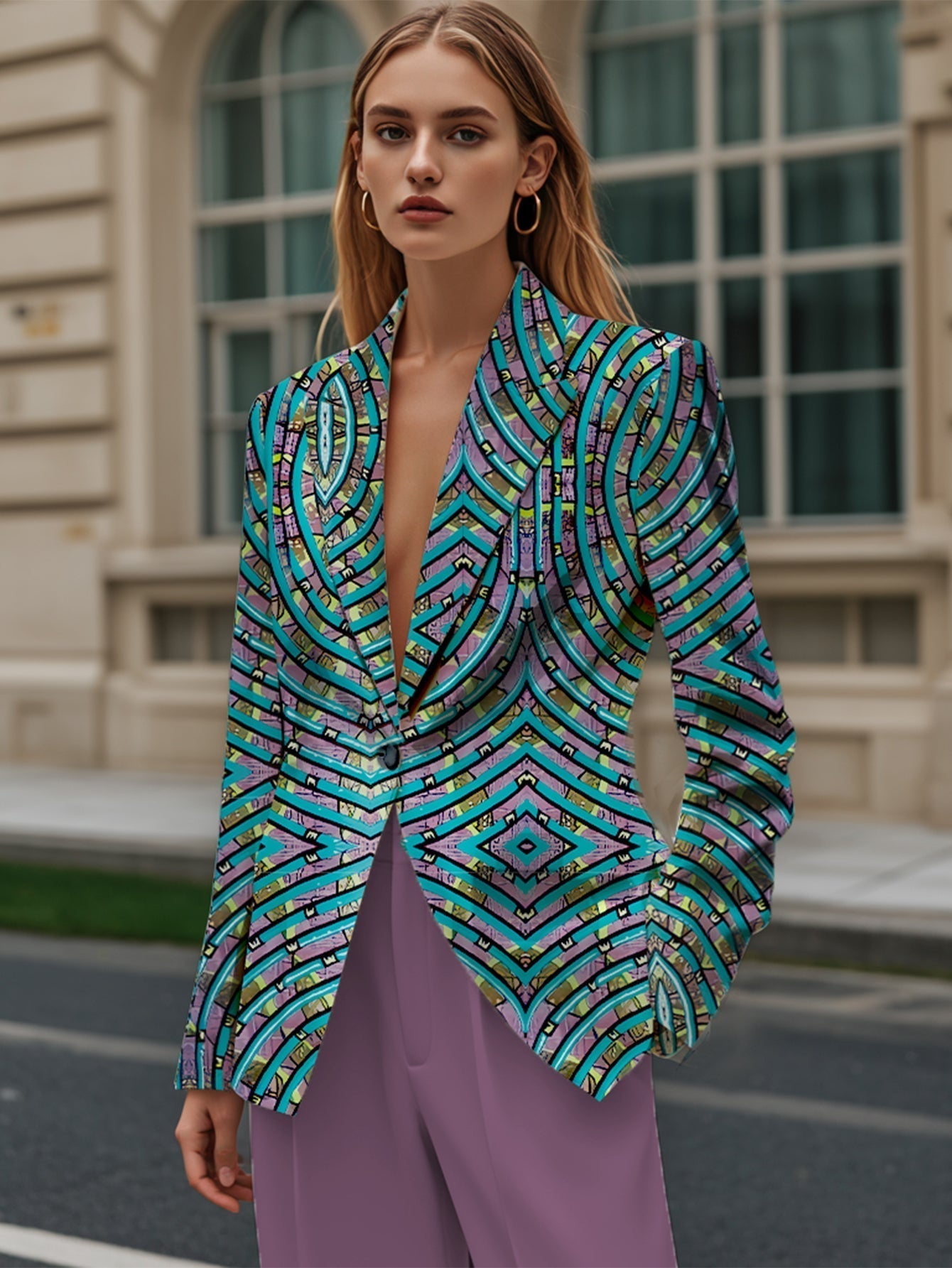 Valenzora | Stylish office suit in a blue abstract pattern