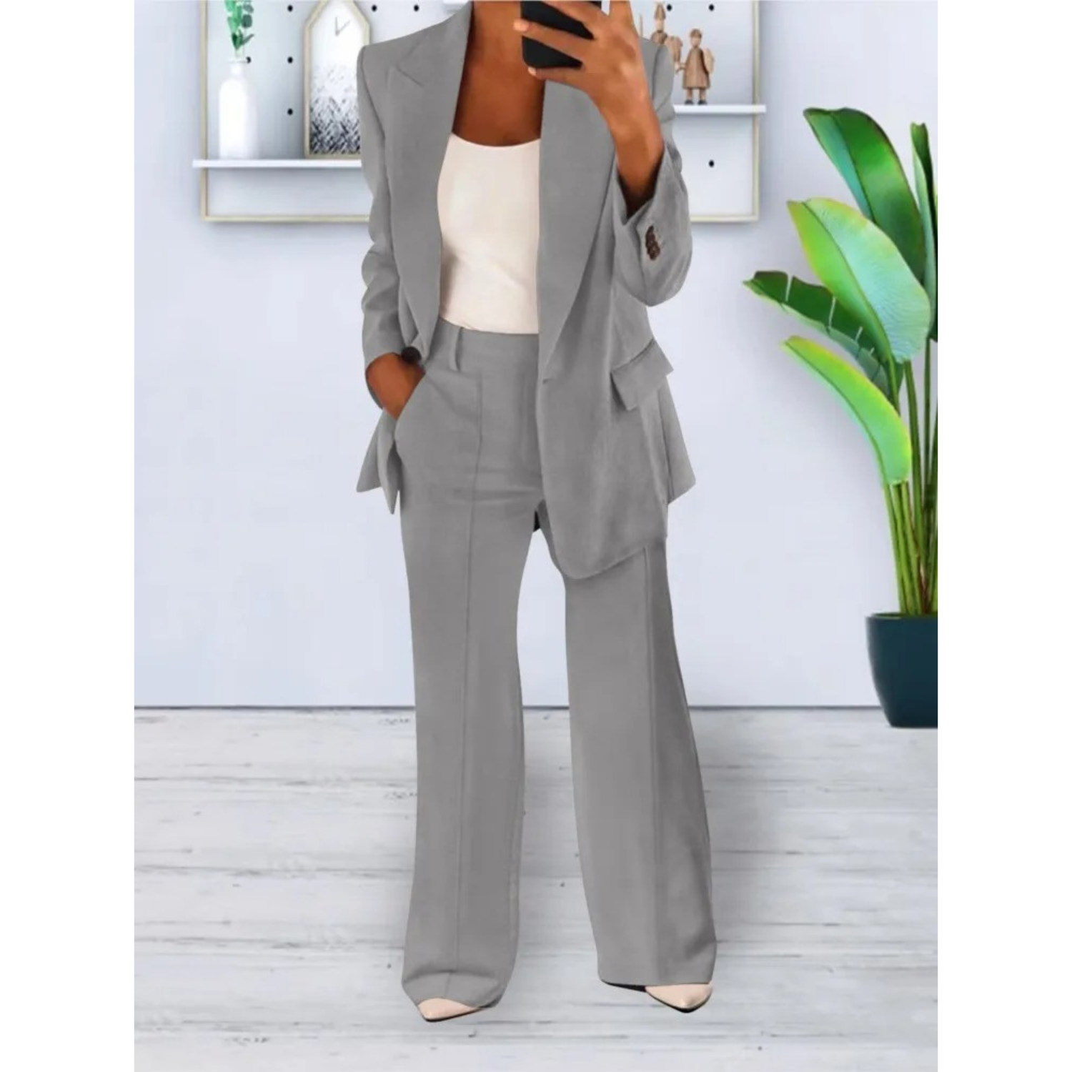 Valenzora | Relaxed fit solid color casual pocket blazer and trousers set