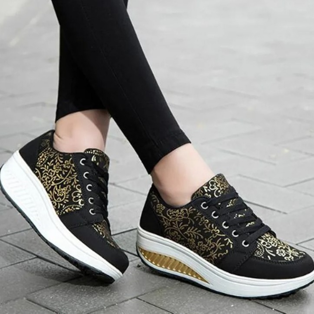 Valenzora | Black Leather Orthopedic Women's Sneakers with Floral Pattern