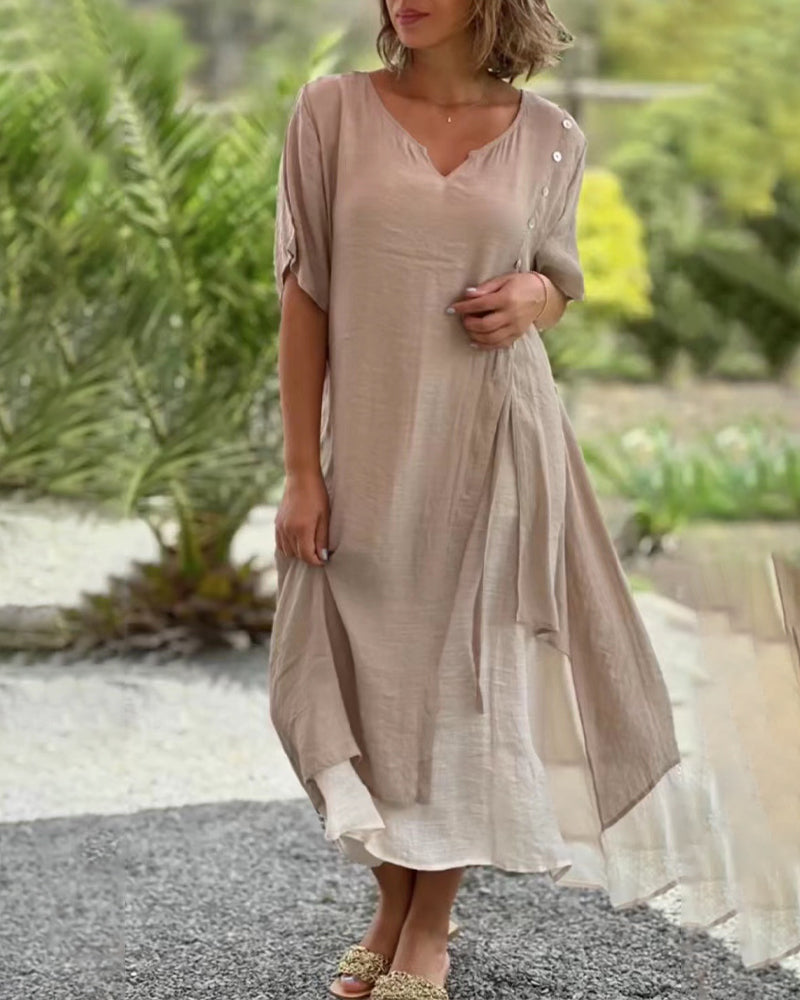 Valenzora | Asymmetrisches Kleid mit kurzen Ärmeln und V-Ausschnitt