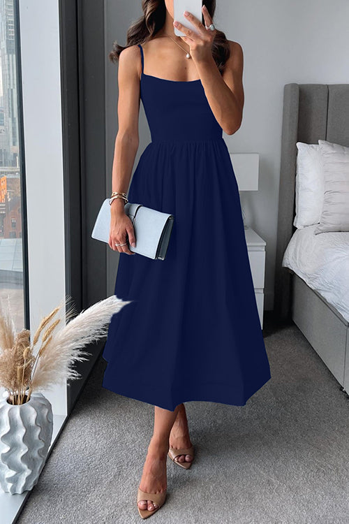 Valenzora | Midi dress, spaghetti straps, square neckline, flared skirt, elegant fit