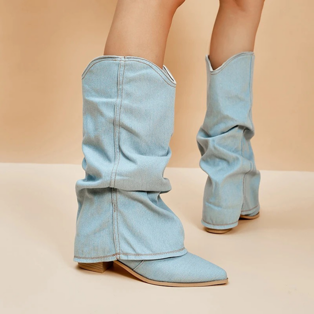 Valenzora | folded denim boots with block heel