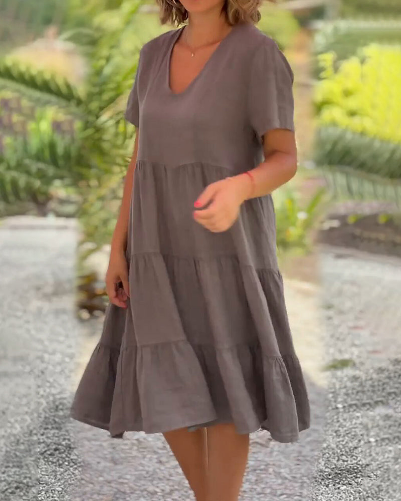 Valenzora | Plain cotton-linen dress with V-neck