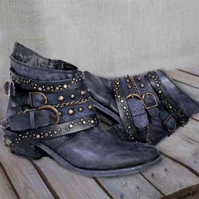 Valenzora | Women's Distressed Leather Ankle Boots, Multiple Straps with Buckles, Western Style