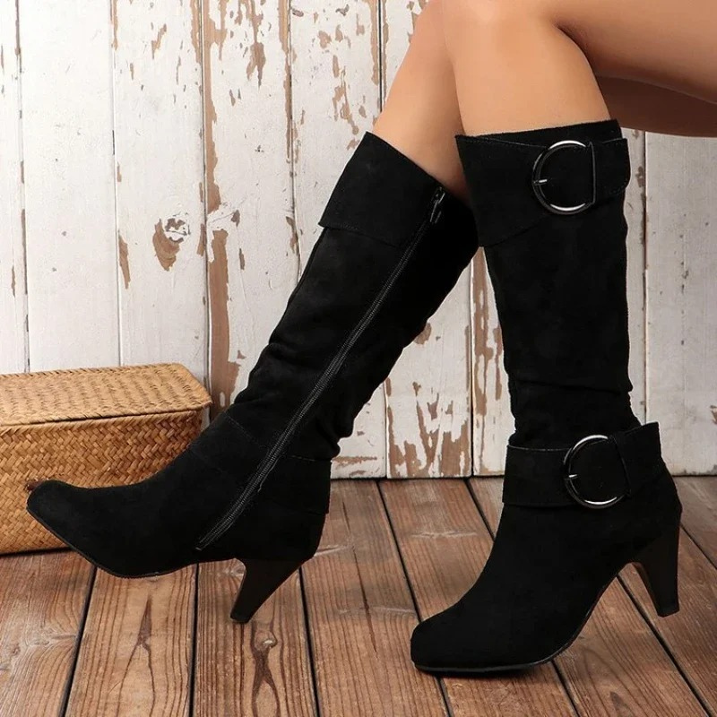 Valenzora | Damen kniehohe Stiefel mit Reißverschluss und Schnalle Stylische hohe Stiefel