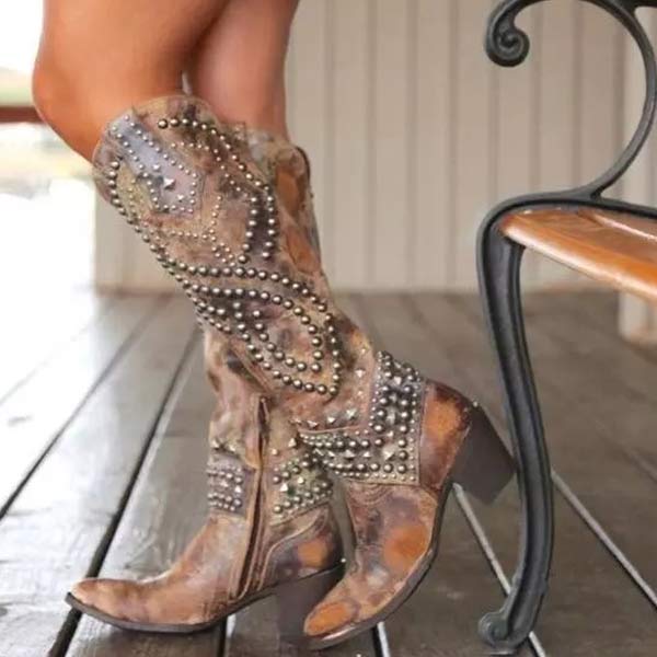 Valenzora - High Boots with Metal Studs and Chunky Heel