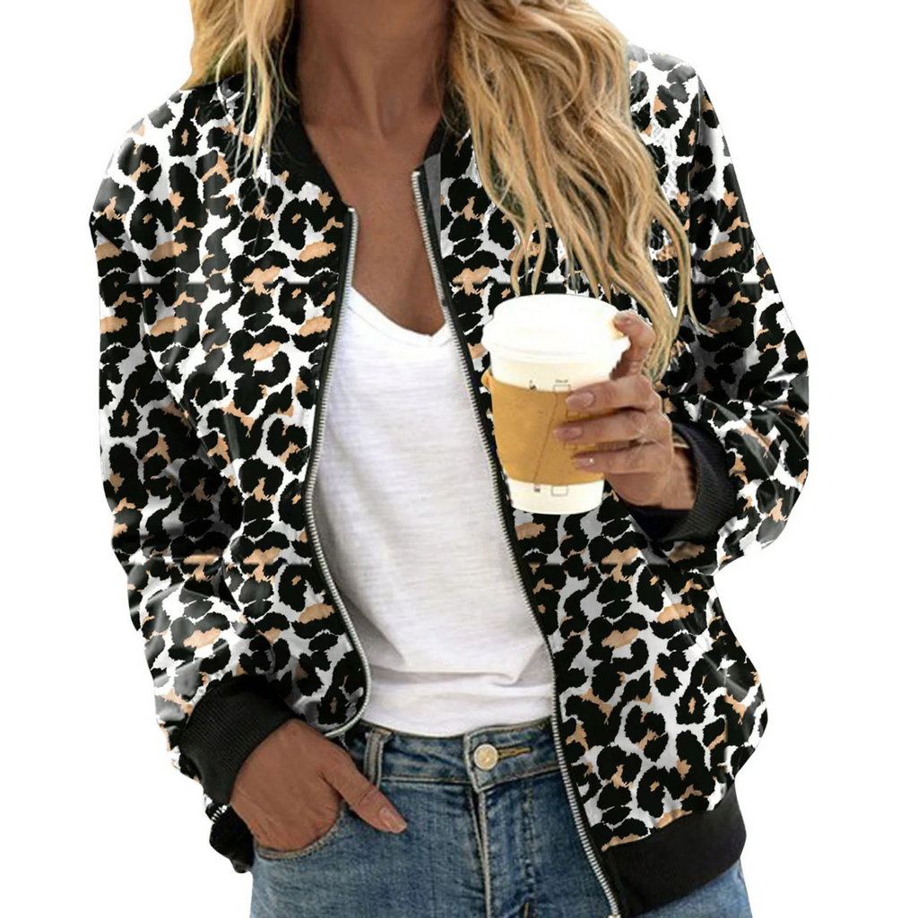 Valenzora | Damen-Sommerjacke mit Leopardenmuster schwarz, Revers und Reißverschluss