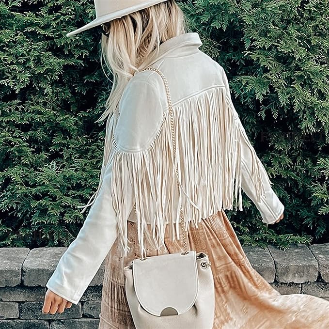 Suede jacket for women with tassel trim