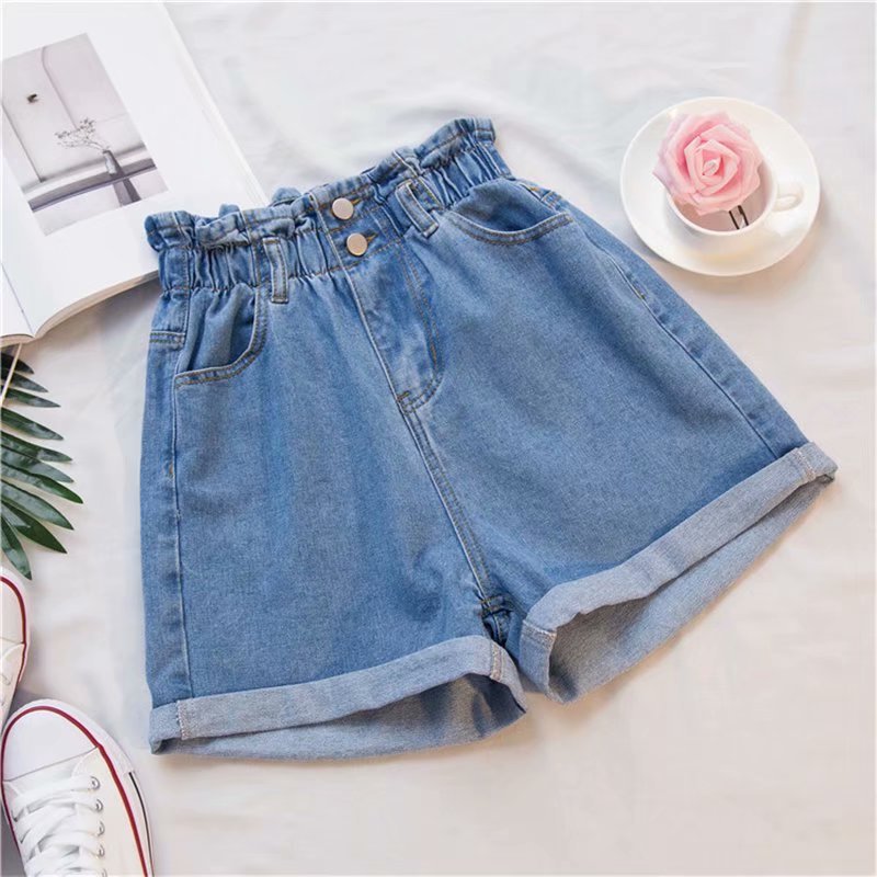 Women's denim shorts with a high waist and elasticated waistband, size S