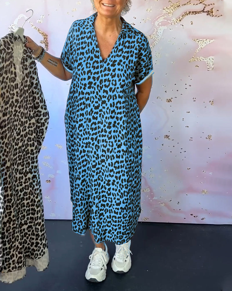 Valenzora | Short-sleeved dress with leopard print and V-neck