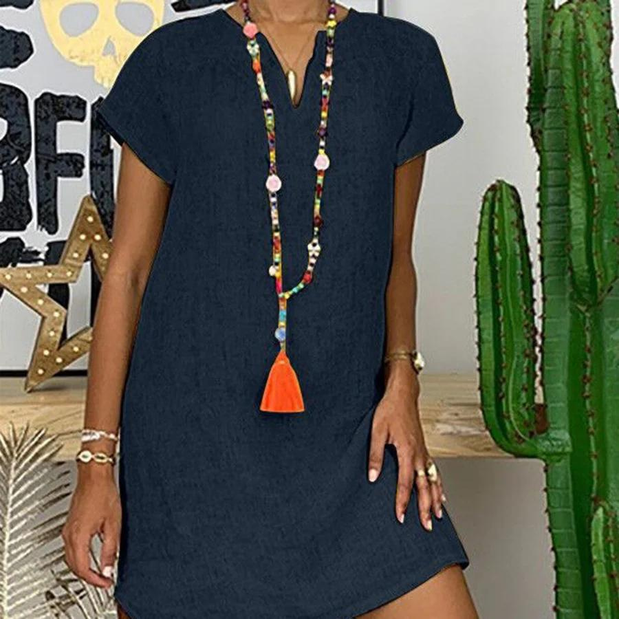 Valenzora | Chic linen midi dress with V-neck for women