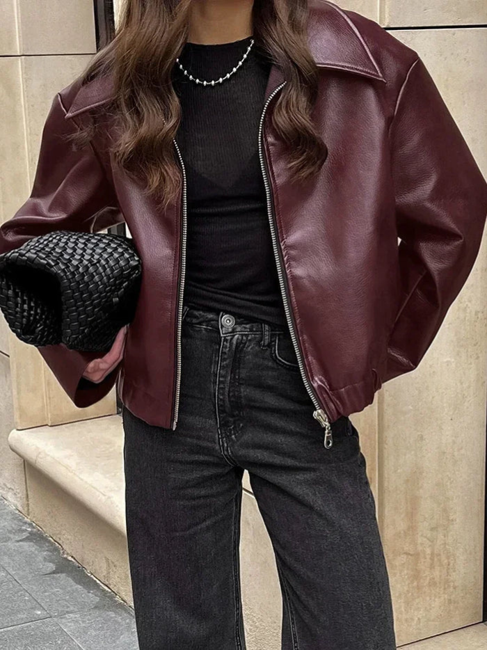 Valenzora | Damen Rote Lederjacke Vintage-Lederjacke mit Reißverschluss für Damen