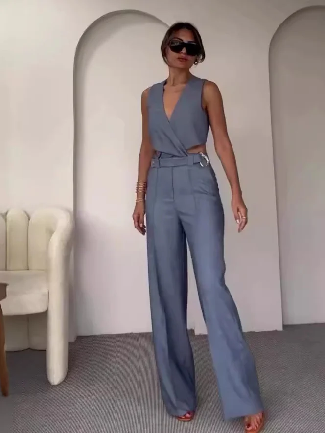 Simple buckle vest & trousers suit set