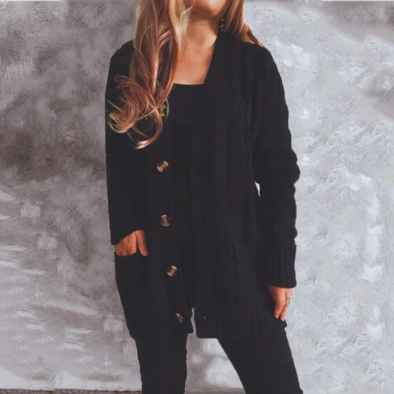 Valenzora | Damen-Wollstrickjacke mit Zopfmuster und Holzknöpfen, lockere Passform